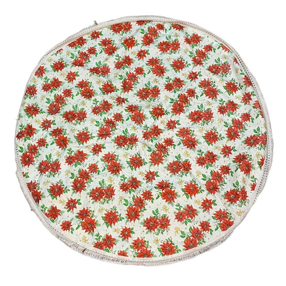 VTG Round 49” CHRISTMAS Poinsettia Bells Tablecloth Vinyl Flannel Back Fringe - Picture 7 of 7